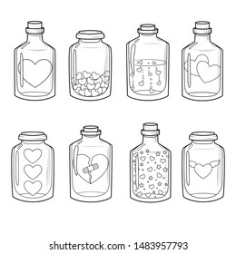 Set of vector bottles and jars of different shape with hearts inside on white isolated background. Sketch style illustration of love potion on St. Valentine's Day.