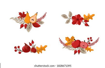 Set of vector bouquet Autumn wreath design template print with flower cotton, leaves, fruits and berries. October harvest background illustration for Happy Thanksgiving Day. Fall Nature.