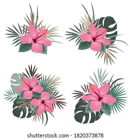 Set of vector bouquet compositions with pink hibiscus flower and palm leaves bunches, flat vector illustration. Tropical exotic Hawaii plants isolated on white, pastel palette.