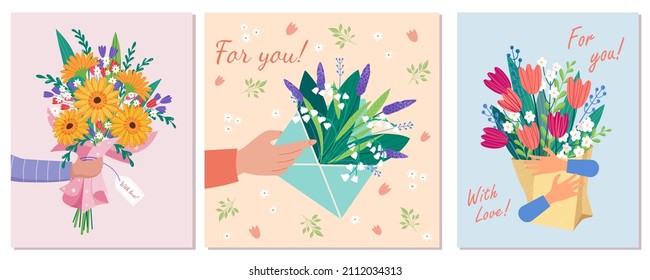 Set of Vector bouquet hand holding gerbera, lilies of the valley, tulips of red, orange, yellow, blue and purple flowers isolated on a pink background. March 8 Valentine's Day