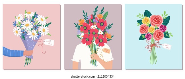 Conjunto de vectores con una mano de ramo que sujeta la gamomile, las amapolas, las rosas de las flores rojas, naranjas, amarillas, azules y violetas aisladas en un fondo rosado. 8 de marzo Día de San Valentín