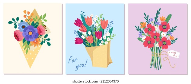 Set of Vector bouquet hand holding wildflowers, poppies, tulips of red, orange, yellow, blue and purple flowers isolated on a pink background. March 8 Valentine's Day