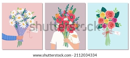 Set of Vector bouquet hand holding chamomile, poppies, roses of red, orange, yellow, blue and purple flowers isolated on a pink background. March 8 Valentine's Day