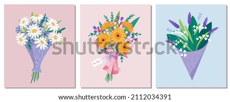 Set of Vector bouquet hand holding chamomile, gerbera, lilies of the valley of red, orange, yellow, blue and purple flowers isolated on a pink background. March 8 Valentine's Day