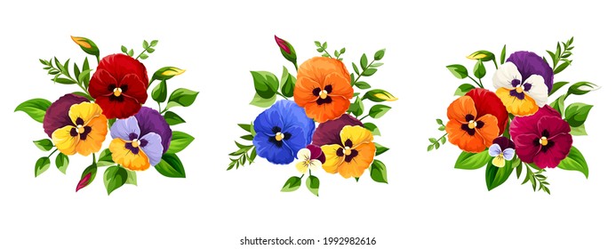 Set of vector bouquets of colorful pansy flowers isolated on a white background.