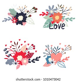 Set of vector bouquets. Flowers, leaves, hearts and word `Love` on white background.