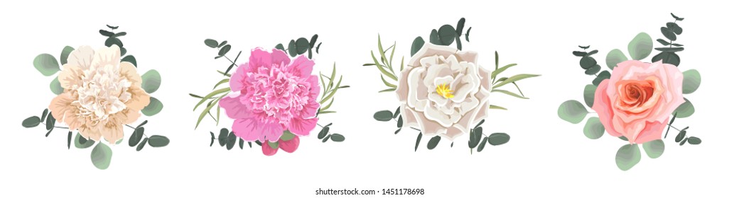 Set of vector bouquets of flowers. Roses and peonies, eucalyptus. Flowers isolated on white background.