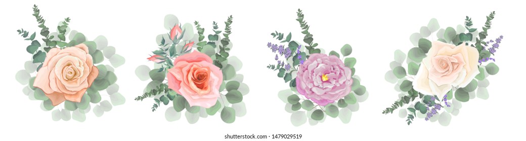 Set of vector bouquets. Lavender, pink and beige roses, eucalyptus branches, green plants. Flowers on a white background.