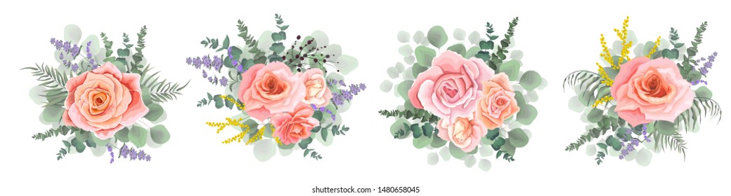 Set of vector bouquets. Lavender, pink roses, eucalyptus branches, green plants. Flowers on a white background.