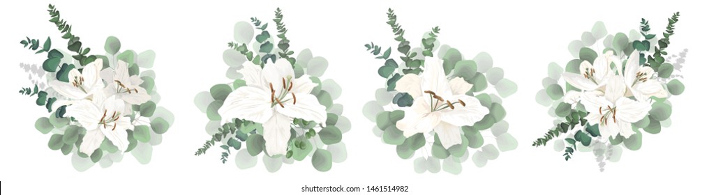 Set of vector bouquets on a white background. Lily flowers, green plants, eucalyptus, berries.