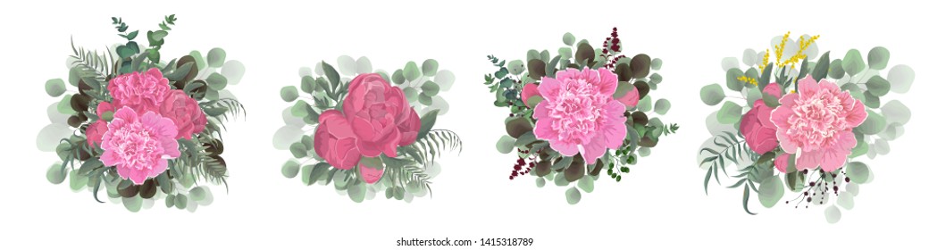 Set of vector bouquets of peony flowers. Peonies, green plants and leaves, berries. All elements are isolated.