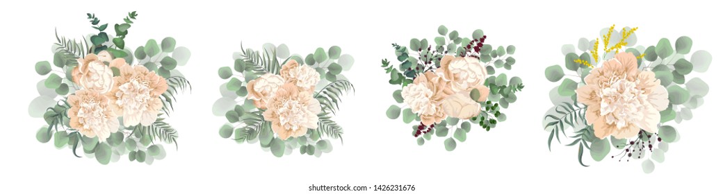 Set of vector bouquets of peony flowers. Peonies, green plants and leaves, berries. All elements are isolated.