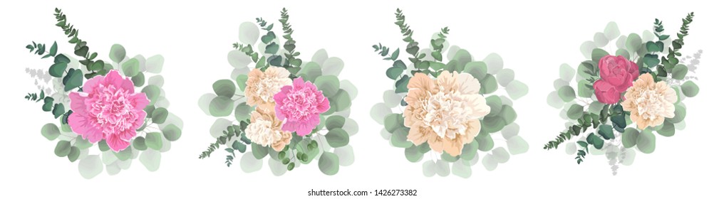 Set of vector bouquets of peony flowers. Beige and pink peonies, green plants and leaves, berries. All elements are isolated.