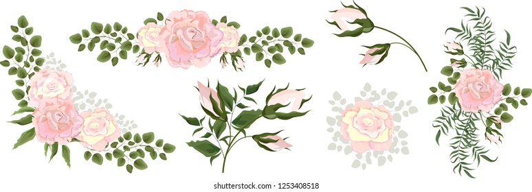 Set of vector bouquets of pink rose. Flowers on white background. All elements are isolated. Elements for wedding design. Corners and borders of pink roses.