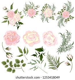 Set of vector bouquets of pink rose. All elements of bouquets are isolated on a white background. All elements are isolated. Elements for wedding design. 