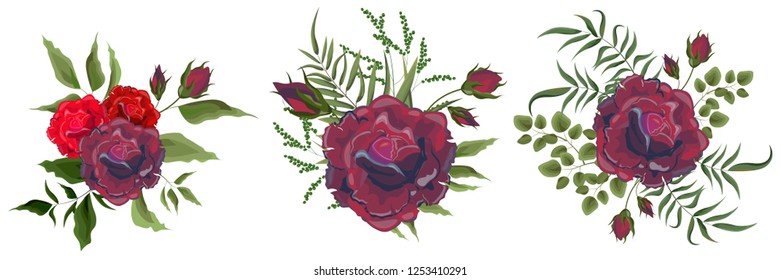 Set of vector bouquets of red rose. Flowers on white background. All elements are isolated. Elements for wedding design.
