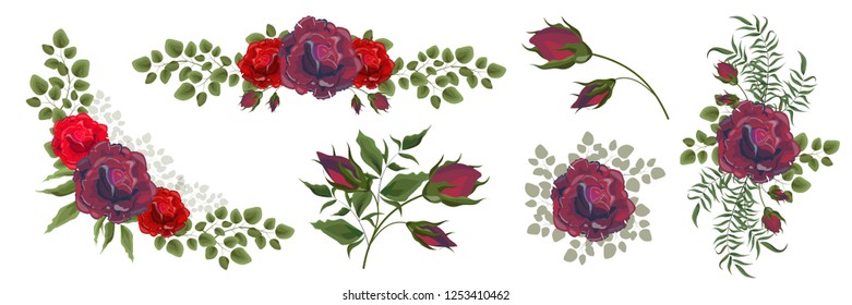 Set of vector bouquets of red rose. Flowers on white background. All elements are isolated. Elements for wedding design. Corners and borders of red roses.