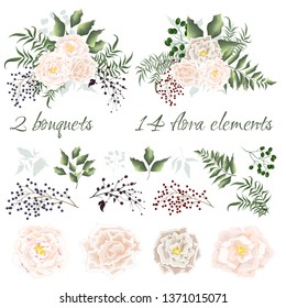 Set of vector bouquets of rose. Flowers, berries on white background. All elements are isolated. Elements for wedding design. All elements of bouquets are isolated on a white background.