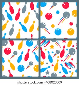 Set of vector bowling seamless pattern. Hand drawn doodle backgrounds and design elements. Bowling ball, bowling pins, shoes illustration. Design for fashion textile print, wrapping, web background.