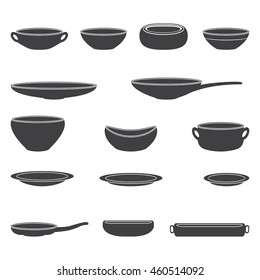 Set of vector bowls, pots and dishes. Vector illustration.