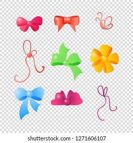 A set of vector bows of different shapes and colors. Isolated design template.