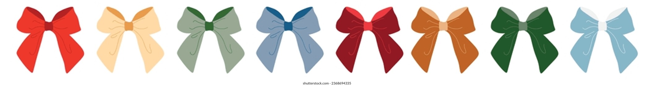 Set of Vector bows. Isolated color ribbon and big bow with two tails. Colorful flat and outline illustration. Holiday concept. New Year, Christmas banner. Cartoon style. Front view. Flat design.