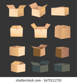 A set of vector boxes. The open boxes have layered structure, so you can put anything inside.