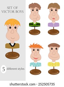 Set of vector boys / men, five different styles, icons, bright hand drawn illustrations, statuettes