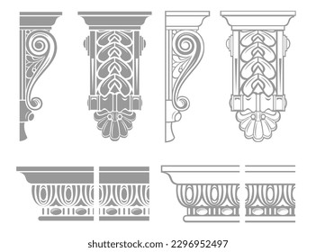 Set of vector brackets in engraving style. Architecture coloring page