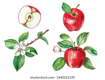 A set of vector branches watercolor apple. Illustration of summer fruits for scrapbook, label, poster, print, menu