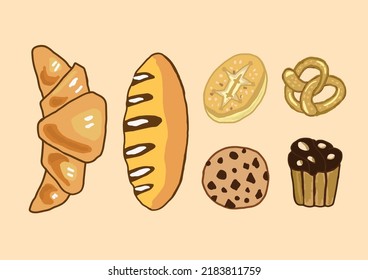 Set vector bread icons. Croissant, pretzel, muffin, cookies, biscuits, french baguette for design menu bakery.