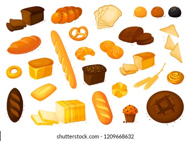 Set vector bread icons. Vector illustration isolated on a white background. Bakery product in cartoon style. Rye, whole grain and wheat bread, pretzel, muffin, pita , ciabatta, croissant, bagel, toast