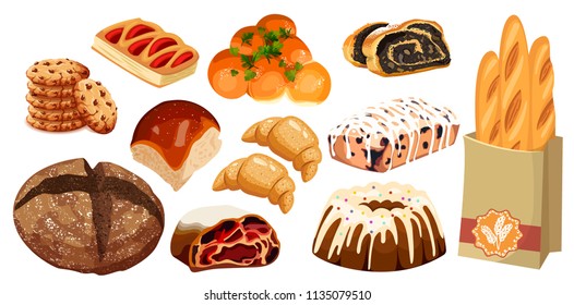 Set vector bread icons. Rye, whole grain and wheat bread, pretzel, muffin, croissant, bagel, french baguette, cherry strudel, bun, muffin with icing, roll with poppy seeds for design menu bakery