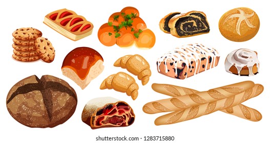 Set vector bread icons. Rye, whole grain and wheat bread, pretzel, muffin, croissant, bagel, french baguette, cherry strudel, bun, muffin with icing, roll with poppy seeds for design menu bakery