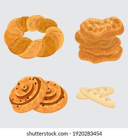 Establecer iconos de pan vectorial. tinte, pan entero de grano y trigo, pretzel, muffin, pita, ciabatta, cruasán, bagel, pan tostado, baguette francesa para la panadería de menú de diseño.