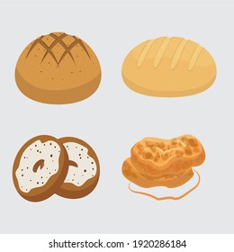 Set vector bread icons. Rye, whole grain and wheat bread, pretzel, muffin, pita , ciabatta, croissant, bagel, toast bread, french baguette for design menu bakery.