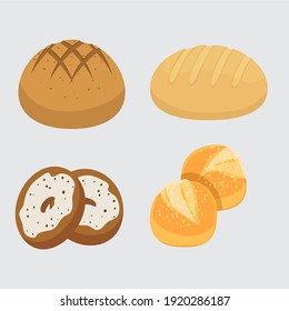 Set vector bread icons. Rye, whole grain and wheat bread, pretzel, muffin, pita , ciabatta, croissant, bagel, toast bread, french baguette for design menu bakery.