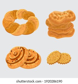 Set vector bread icons. Rye, whole grain and wheat bread, pretzel, muffin, pita , ciabatta, croissant, bagel, toast bread, french baguette for design menu bakery.