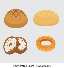 Set vector bread icons. Rye, whole grain and wheat bread, pretzel, muffin, pita , ciabatta, croissant, bagel, toast bread, french baguette for design menu bakery.