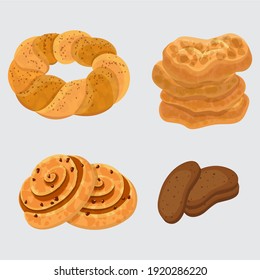 Set vector bread icons. Rye, whole grain and wheat bread, pretzel, muffin, pita , ciabatta, croissant, bagel, toast bread, french baguette for design menu bakery.