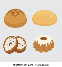 Set vector bread icons. Rye, whole grain and wheat bread, pretzel, muffin, pita , ciabatta, croissant, bagel, toast bread, french baguette for design menu bakery.