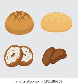 Set vector bread icons. Rye, whole grain and wheat bread, pretzel, muffin, pita , ciabatta, croissant, bagel, toast bread, french baguette for design menu bakery.