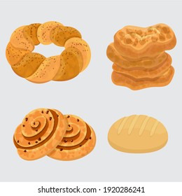 Set vector bread icons. Rye, whole grain and wheat bread, pretzel, muffin, pita , ciabatta, croissant, bagel, toast bread, french baguette for design menu bakery.