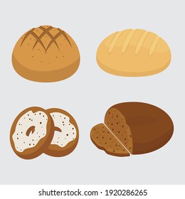 Set vector bread icons. Rye, whole grain and wheat bread, pretzel, muffin, pita , ciabatta, croissant, bagel, toast bread, french baguette for design menu bakery.