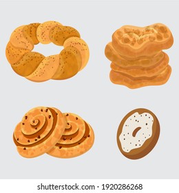Set vector bread icons. Rye, whole grain and wheat bread, pretzel, muffin, pita , ciabatta, croissant, bagel, toast bread, french baguette for design menu bakery.