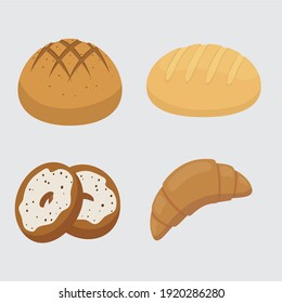 Set vector bread icons. Rye, whole grain and wheat bread, pretzel, muffin, pita , ciabatta, croissant, bagel, toast bread, french baguette for design menu bakery.