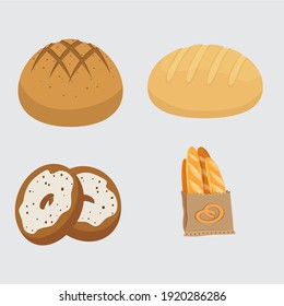 Set vector bread icons. Rye, whole grain and wheat bread, pretzel, muffin, pita , ciabatta, croissant, bagel, toast bread, french baguette for design menu bakery.