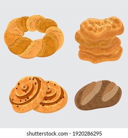 Set vector bread icons. Rye, whole grain and wheat bread, pretzel, muffin, pita , ciabatta, croissant, bagel, toast bread, french baguette for design menu bakery.