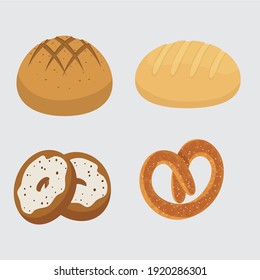 Set vector bread icons. Rye, whole grain and wheat bread, pretzel, muffin, pita , ciabatta, croissant, bagel, toast bread, french baguette for design menu bakery.