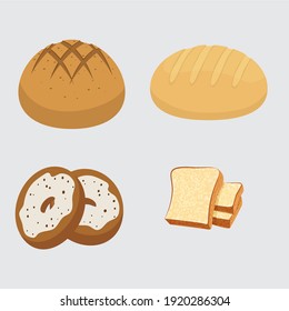 Set vector bread icons. Rye, whole grain and wheat bread, pretzel, muffin, pita , ciabatta, croissant, bagel, toast bread, french baguette for design menu bakery.